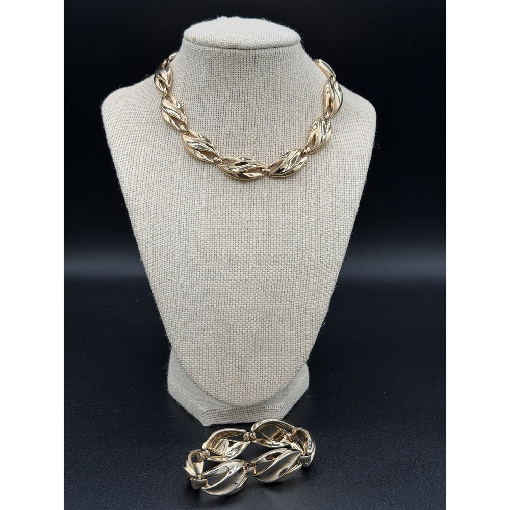 VINTAGE CROWN TRIFARI 30'S/50'S GOLD TONE CHAIN CHOKER NECKLACE‎ BRACELET SET